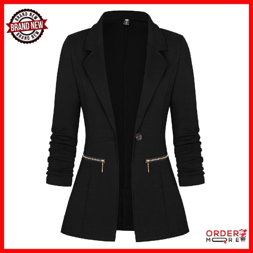 Long Sleeve Blazer Cardigan Jacket with Zipper Pockets, Stretchy Polyester